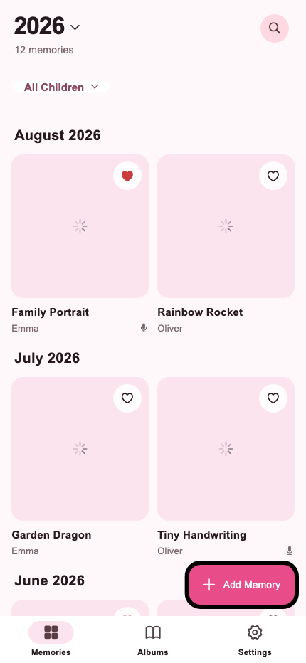 Timeline of children's artwork and memories in the app